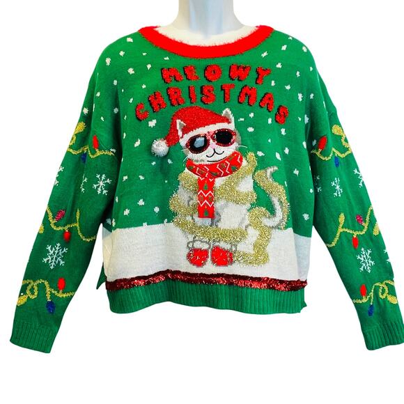 Major Label Group Cool Cat MEOWY CHRISTMAS Ugly Christmas Sweater Size Large - Picture 1 of 5